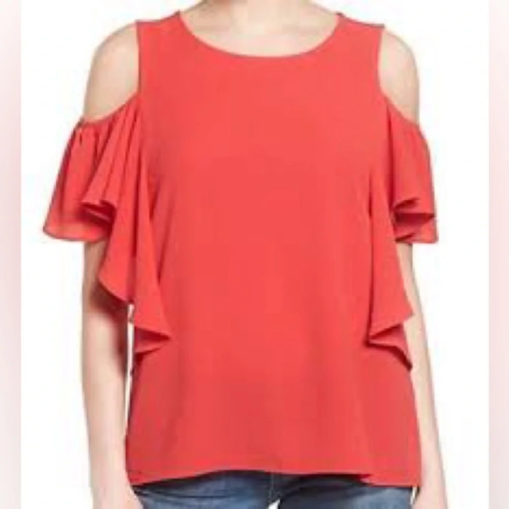 Max studio medium NWT salmon orange colored ruffle off shoulder blouse top - Picture 1 of 5